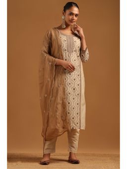 Soch - Beige Embroidered Round Neck Kurta With Pant & Dupatta