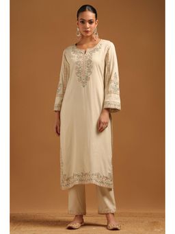 Soch - Beige Embroidered Round Neck Kurta With Pant