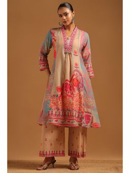 Soch - Beige Printed V-Neck Kurta With Palazzo