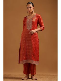 Soch - Rust Embroidered Round Neck Kurta With Pant