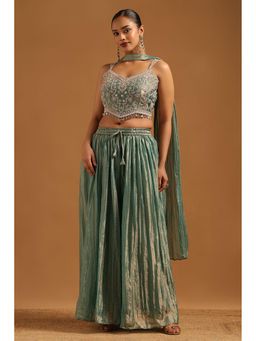 Soch - Turquoise Floral Shoulder Straps Crop Top And Palazzo With Dupatta