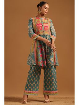Soch - Turquoise Printed Mandarin Neck Kurti With Palazzo