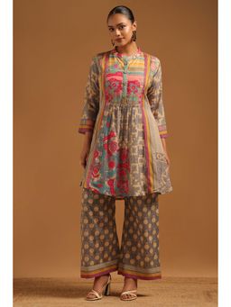 Soch - Grey Printed Mandarin Neck Kurti With Palazzo