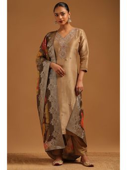 Soch - Beige Embroidered V-Neck Kurta With Pant & Dupatta