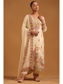 Soch - Cream Printed Boat Neck Kurta With Pant & Dupatta