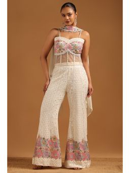 Soch - Cream Floral Shoulder Straps Top With Sharara & Dupatta