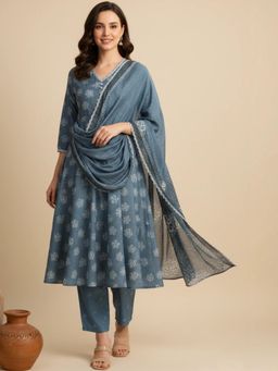 arangya - Grey Printed V-Neck Kurta With Pant & Dupatta