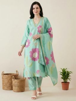arangya - Turquoise Printed V-Neck Kurta With Pant & Dupatta