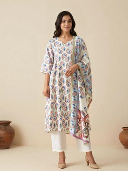 arangya - Off White Printed Sweetheart Kurta With Pant & Dupatta