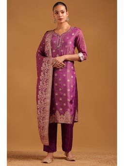 Soch - Purple Embroidered Round Neck Kurta With Pant & Dupatta