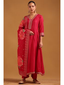Soch - Pink Embroidered V-Neck Kurta With Pant & Dupatta