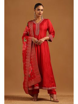 Soch - Red Embroidered V-Neck Kurta With Pant & Dupatta