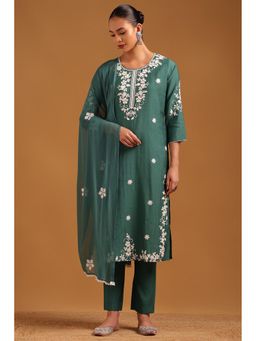 Soch - Teal Embroidered Round Neck Kurta With Pant & Dupatta
