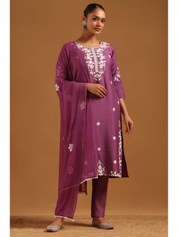 Soch - Purple Embroidered Round Neck Kurta With Pant & Dupatta