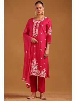 Soch - Pink Embroidered Round Neck Kurta With Pant & Dupatta