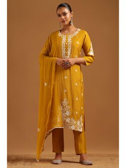 Soch - Mustard Embroidered Round Neck Kurta With Pant & Dupatta