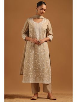 Soch - Beige Embroidered Round Neck Kurta With Pant & Dupatta
