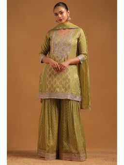 Soch - Green Embellished/Sequined Round Neck Kurti With Sharara & Dupatta