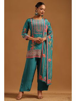 Soch - Green Floral Round Neck Kurta With Palazzo & Dupatta