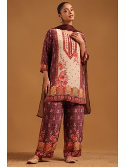 Soch - Wine Floral Round Neck Kurta With Palazzo & Dupatta