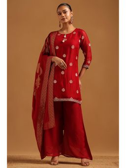 Soch - Maroon Printed Round Neck Kurta With Palazzo & Dupatta
