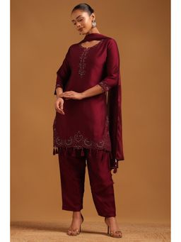 Soch - Wine Printed Round Neck Kurta With Pant & Dupatta