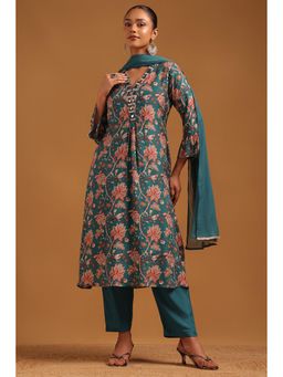 Soch - Teal Floral V-Neck Kurta With Pant & Dupatta