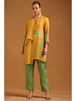 Soch - Mustard Printed Tie Up Neck Kurta With Pant