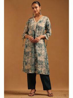 Soch - Beige Printed V-Neck Kurta With Pant