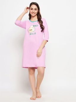 Clovia - Graphic & Text Print Short Night Dress - 100 Percent Cotton -Purple