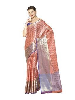 Banarasi Silk Works - Orange & Pink Zari Kanchi Silk Tanchoi Pattu Saree with Unstitched Blouse
