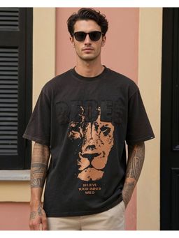 Bewakoof - Men's Black Rebel Graphic Printed Oversized Acid Wash T-Shirt