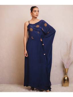 Timaraa - Women'S Crepe Embroidered A-Line Navy Blue Maxi Dress