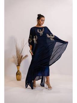 Timaraa - Women'S Georgette Embellished Kaftan Navy Blue Maxi Dress