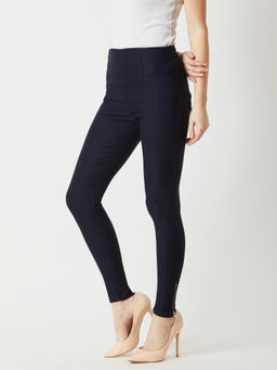 DOLCE CRUDO - Navy Blue Solid High Waist Patch Pocket Zipper Detailing Regular Length Jeggings