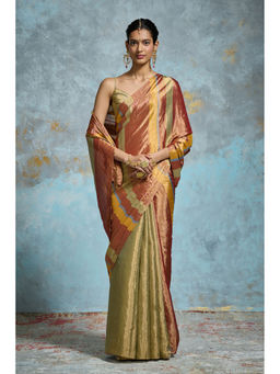 Dressfolk - Handloom Green And Rust Orange Tissue Saree with Unstitched Blouse