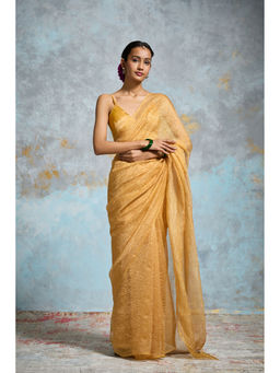 Dressfolk - Mustard Crinkled Tissue Saree with Unstitched Blouse
