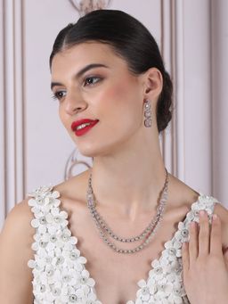 STILEADDA - Silver Plated Ad Pink Double Line Long Necklace Set