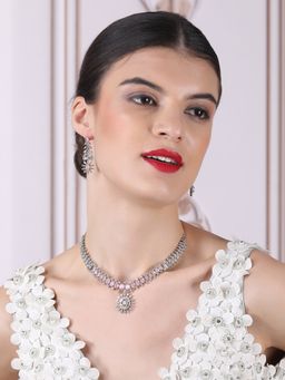 STILEADDA - Silver Plated American Diamond Studded Dual Pink Necklace Set