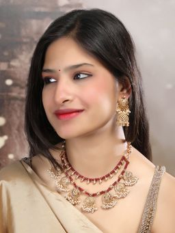 STILEADDA - Red Beads Double Line Filigree Necklace Set