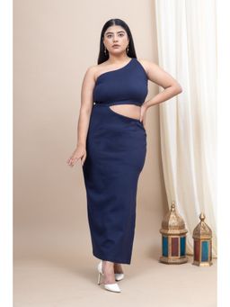 Mamicha - Lune Light One Shoulder Bodycon Navy Blue Dress With Slit