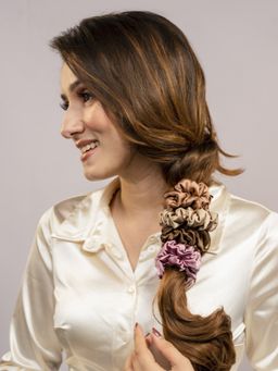 Hair Drama Co. - Brown and Pink Silk Satin Scrunchies - Pack of 4