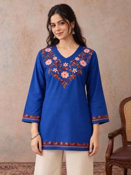 QAZMI - Women Floral Aari Embroidered V-Neck Pure Cotton Kurti