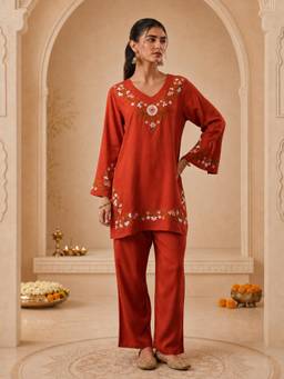 QAZMI - Kashmiri Aari Work Viscose Rayon V-Neck Full Sleeves CoOrd Set