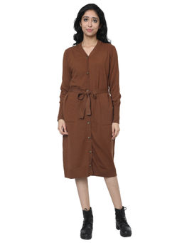 NOBARR - Womens Blouson Solid Knit Full Front Buttoned Brown Dress