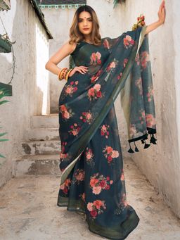POMCHA - Hariyali Blue Linen Saree With Unstitched Blouse