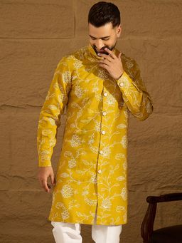 ETHNIC BAY - Men's Yellow Viscose Rayon Floral Embroidered Straight Kurta