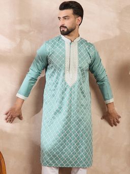 ETHNIC BAY - Men Silk Blend Teal Embroidered Kurta