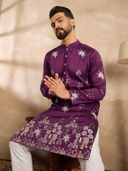 ETHNIC BAY - Men Polyester Purple Embroidered Kurta with Pyjama