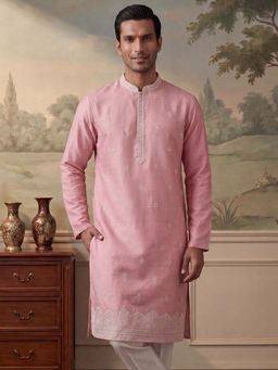 ETHNIC BAY - Mens Silk Blend Pink Embroidered Straight Kurta and Pyjama